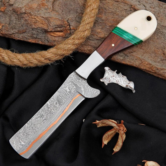 Custom Copper Damascus Bull Cutter with Stone & Resin Handle | Handmade Fixed Blade Knife with Leather Sheath Arham Cutlery