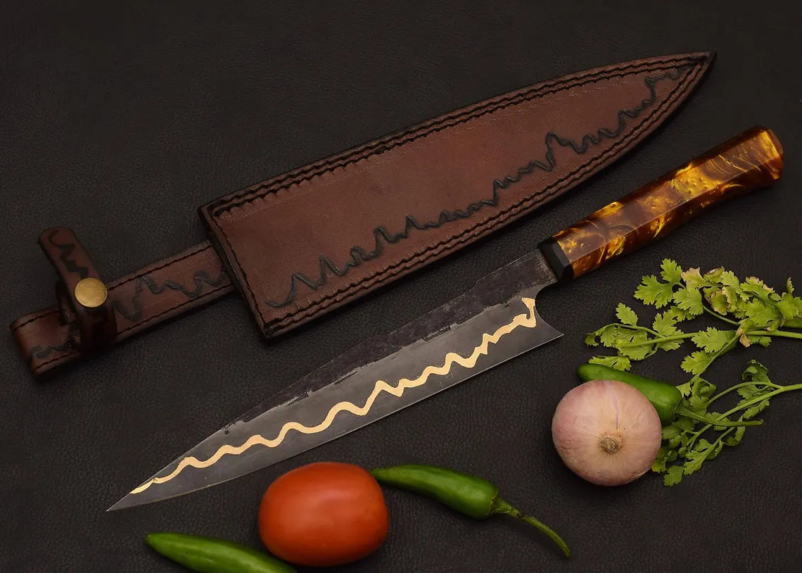 Custom Forged Copper Damascus Kitchen Knife | Amber Resin Chef Knife with Genuine Leather Sheath Arham Cutlery
