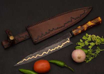 Custom Forged Copper Damascus Kitchen Knife | Amber Resin Chef Knife with Genuine Leather Sheath Arham Cutlery