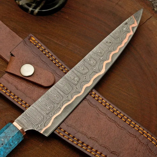Artisan Copper Damascus Kitchen Knife, 8 Inch Blade, Resin & Leather Sheath Arham Cutlery