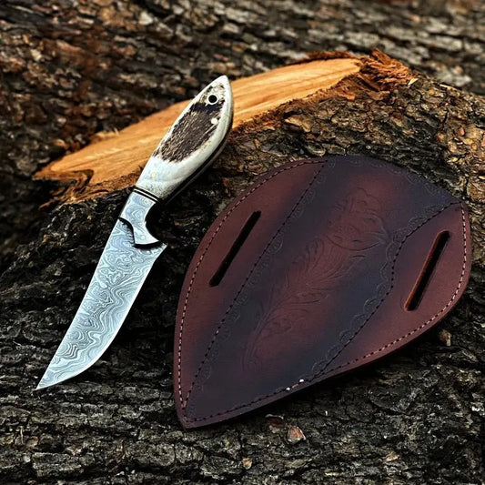Custom Handmade Damascus Steel Skinner Hunting Knife with Crown Stag Handle – Fixed Blade Knife with Leather Sheath Arham Cutlery