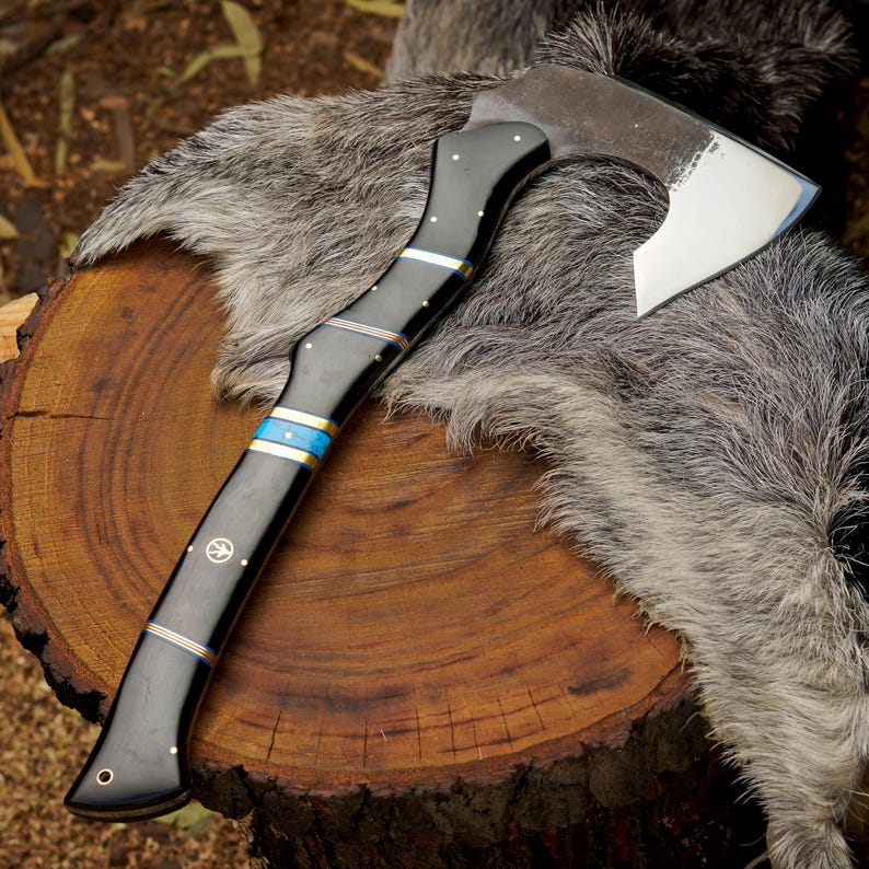 Custom Handmade Bushcraft Axe with Resin & Turquoise Handle | High Carbon Steel Outdoor Hatchet with Leather Sheath Arham Cutlery