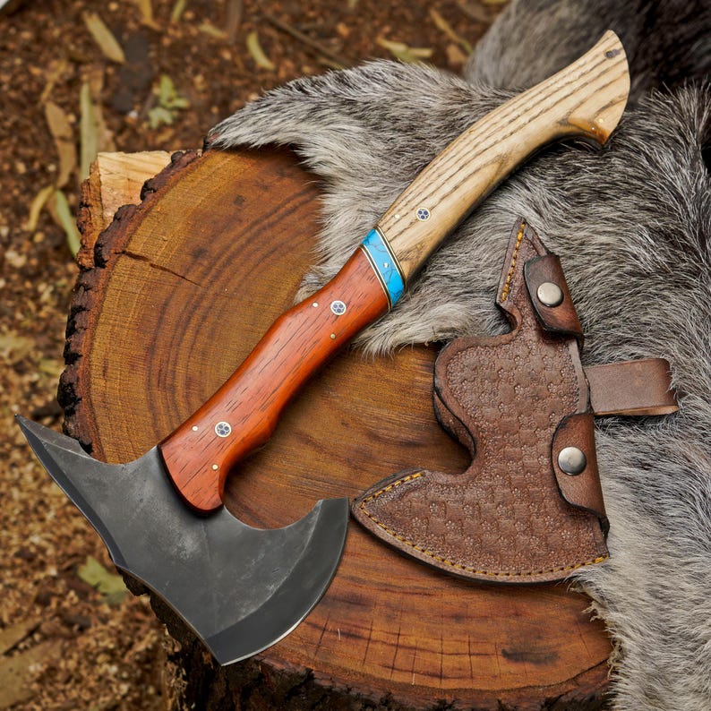 Custom Handmade Bushcraft Axe with Ash & Paddock Wood Handle | 1095 High Carbon Steel Outdoor Hatchet Arham Cutlery