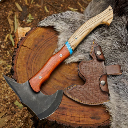 Custom Handmade Bushcraft Axe with Ash & Paddock Wood Handle | 1095 High Carbon Steel Outdoor Hatchet Arham Cutlery