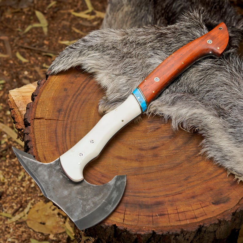 Custom Bushcraft Hatchet with Paddock Wood Handle | Handmade 1095 Steel Outdoor Axe with Leather Sheath Arham Cutlery