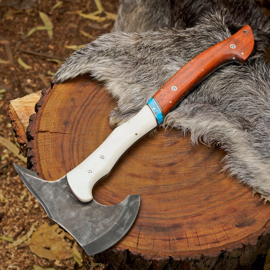 Custom Bushcraft Hatchet with Paddock Wood Handle | Handmade 1095 Steel Outdoor Axe with Leather Sheath Arham Cutlery