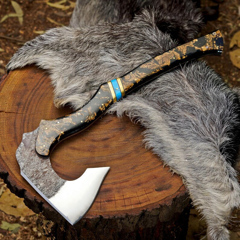 Custom Handmade Outdoor Hatchet with Turquoise Resin Handle | High Carbon Steel Bushcraft & Camping Axe Arham Cutlery