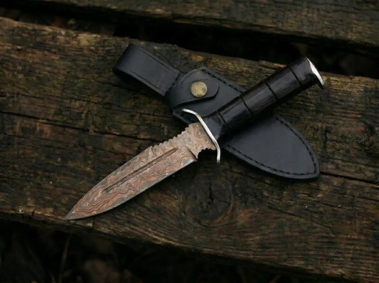 Custom Copper Damascus Fixed Blade Knife – Handmade Wooden Handle Hunting Knife with Leather Sheath Arham Cutlery