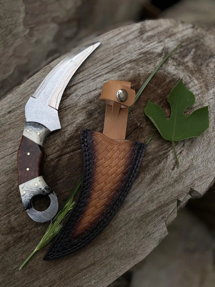 Custom Handmade Copper Damascus Steel Karambit Hunting Knife with Leather Sheath | Arham Cutlery