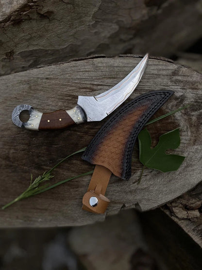 Custom Handmade Copper Damascus Steel Karambit Hunting Knife with Leather Sheath | Arham Cutlery