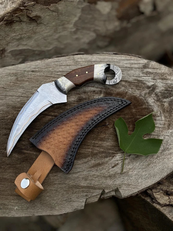 Custom Handmade Copper Damascus Steel Karambit Hunting Knife with Leather Sheath | Arham Cutlery