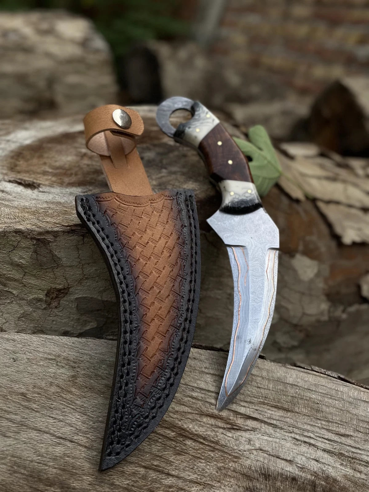 Custom Handmade Copper Damascus Steel Karambit Hunting Knife with Leather Sheath | Arham Cutlery
