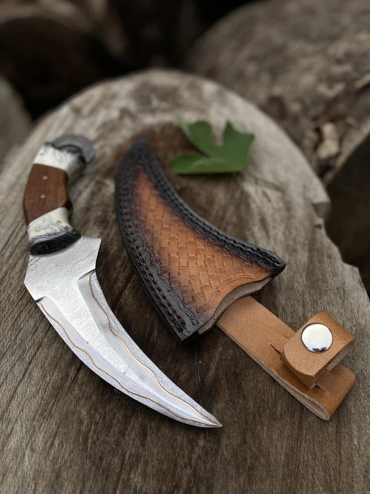 Custom Handmade Copper Damascus Steel Karambit Hunting Knife with Leather Sheath | Arham Cutlery