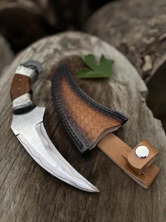 Custom Handmade Copper Damascus Steel Karambit Hunting Knife with Leather Sheath | Arham Cutlery - Arham Cutlery