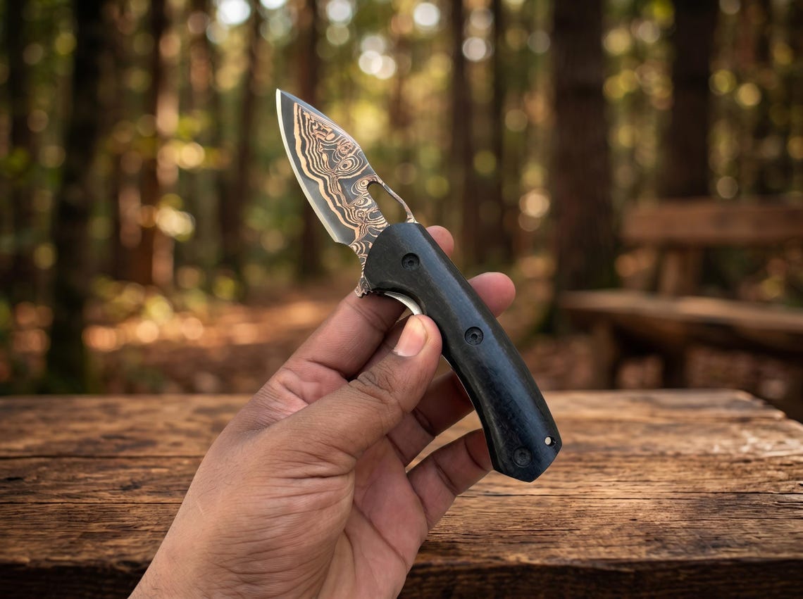 Custom Copper Damascus Pocket Knife with Leather Sheath – Handmade Folding EDC Knife for Collectors & Outdoorsmen Arham Cutlery