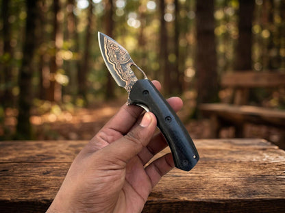 Custom Copper Damascus Pocket Knife with Leather Sheath – Handmade Folding EDC Knife for Collectors & Outdoorsmen Arham Cutlery