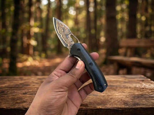 Custom Copper Damascus Pocket Knife with Leather Sheath – Handmade Folding EDC Knife for Collectors & Outdoorsmen Arham Cutlery