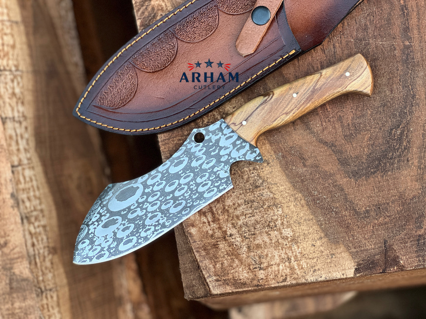 Handmade 11" D2 Steel Hunting Knife – Olive Wood Handle, Etched Blade & Leather Sheath | ARHAM CUTLERY