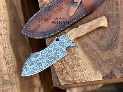 Handmade 11" D2 Steel Hunting Knife – Olive Wood Handle, Etched Blade & Leather Sheath | ARHAM CUTLERY