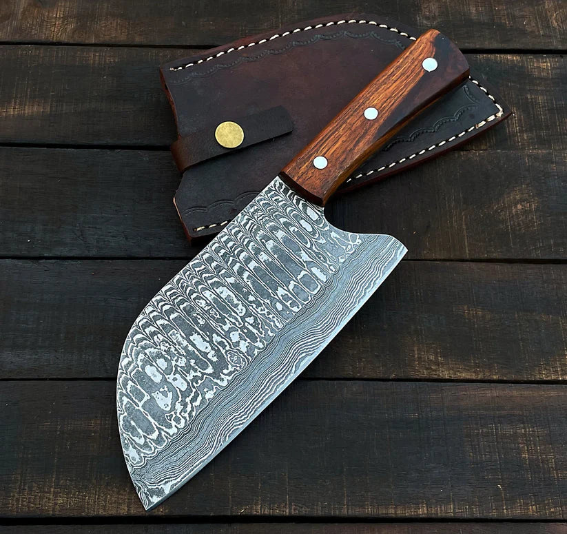 Premium Handmade Damascus Butcher Cleaver with Leather Sheath | Custom Full Tang Kitchen Chopper Knife Arham Cutlery
