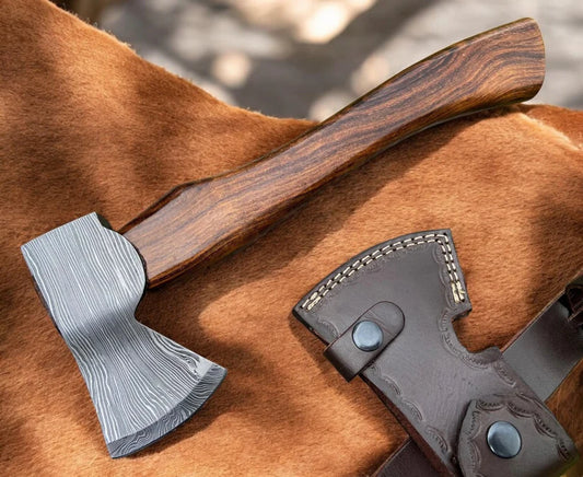 Artisan Forged Damascus Hatchet with Rosewood Grip | Handmade Twisted Pattern Steel Axe Arham Cutlery