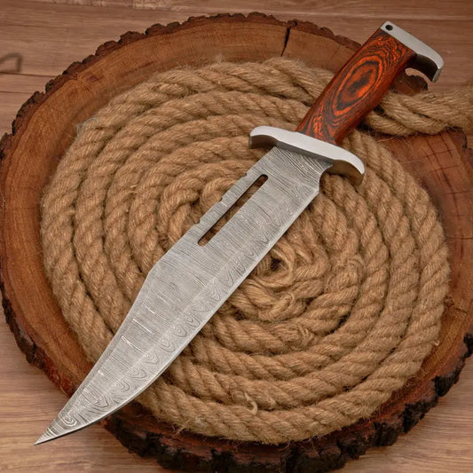 Custom Handmade 17" Damascus Steel Rambo Bowie Knife – Full Tang Hunting & Survival Knife with Leather Sheath Arham Cutlery