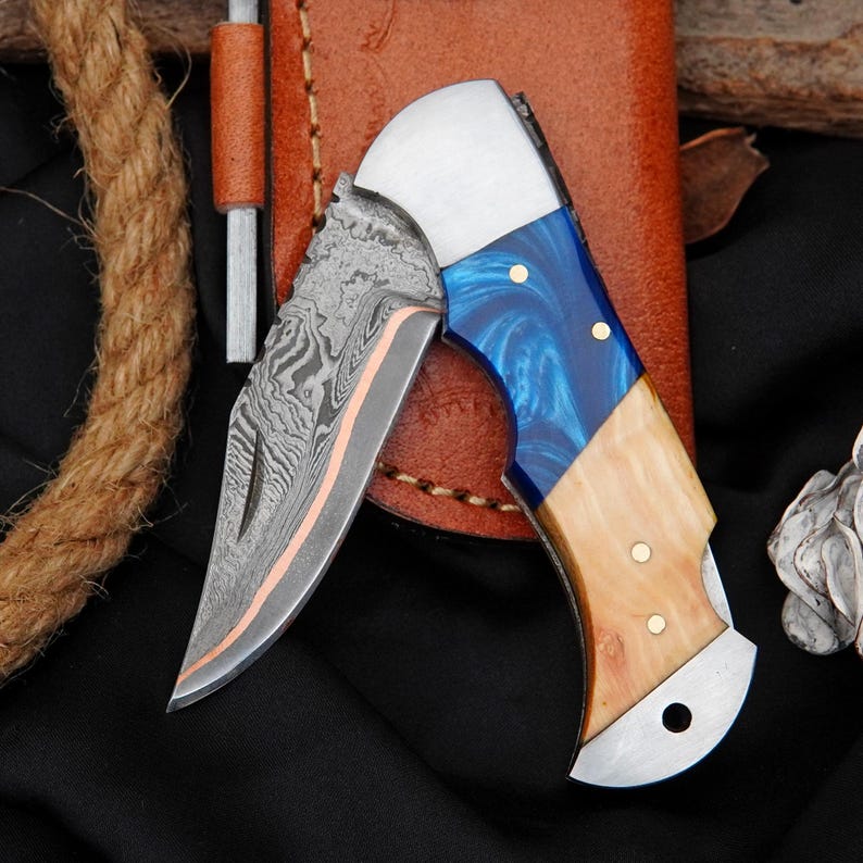 Custom Damascus Pocket Knife with Blue Resin & Hardwood Handle | Handmade Folding EDC Knife Arham Cutlery