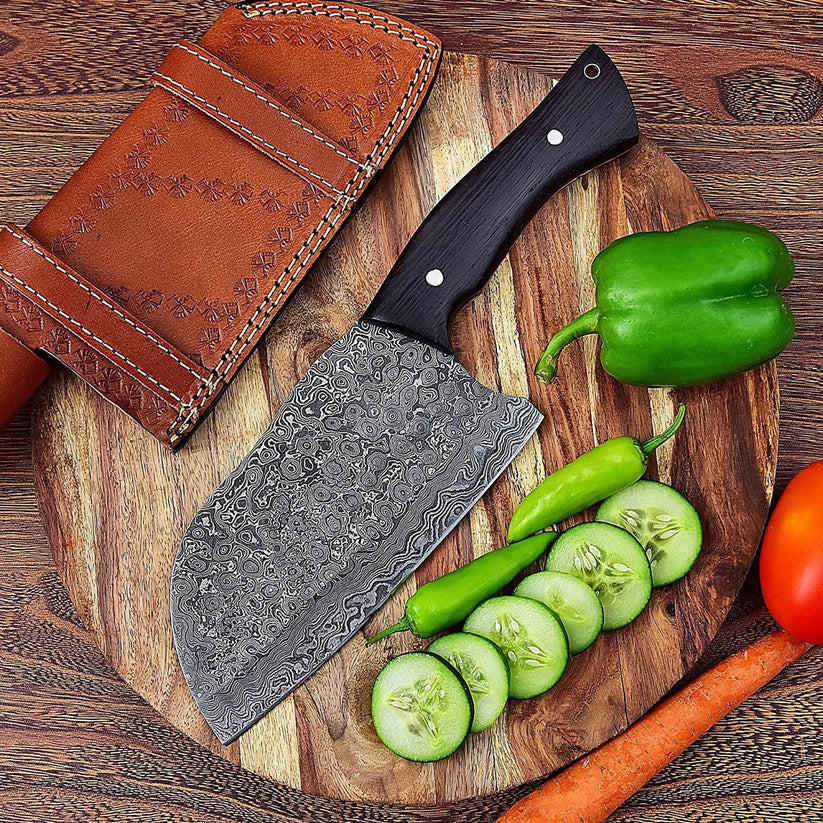 Custom Forged Damascus Serbian Chef Cleaver with Wenge Wood Handle & Leather Sheath | Handmade Butcher Chopper Knife Arham Cutlery