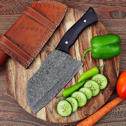 Custom Forged Damascus Serbian Chef Cleaver with Wenge Wood Handle & Leather Sheath | Handmade Butcher Chopper Knife Arham Cutlery