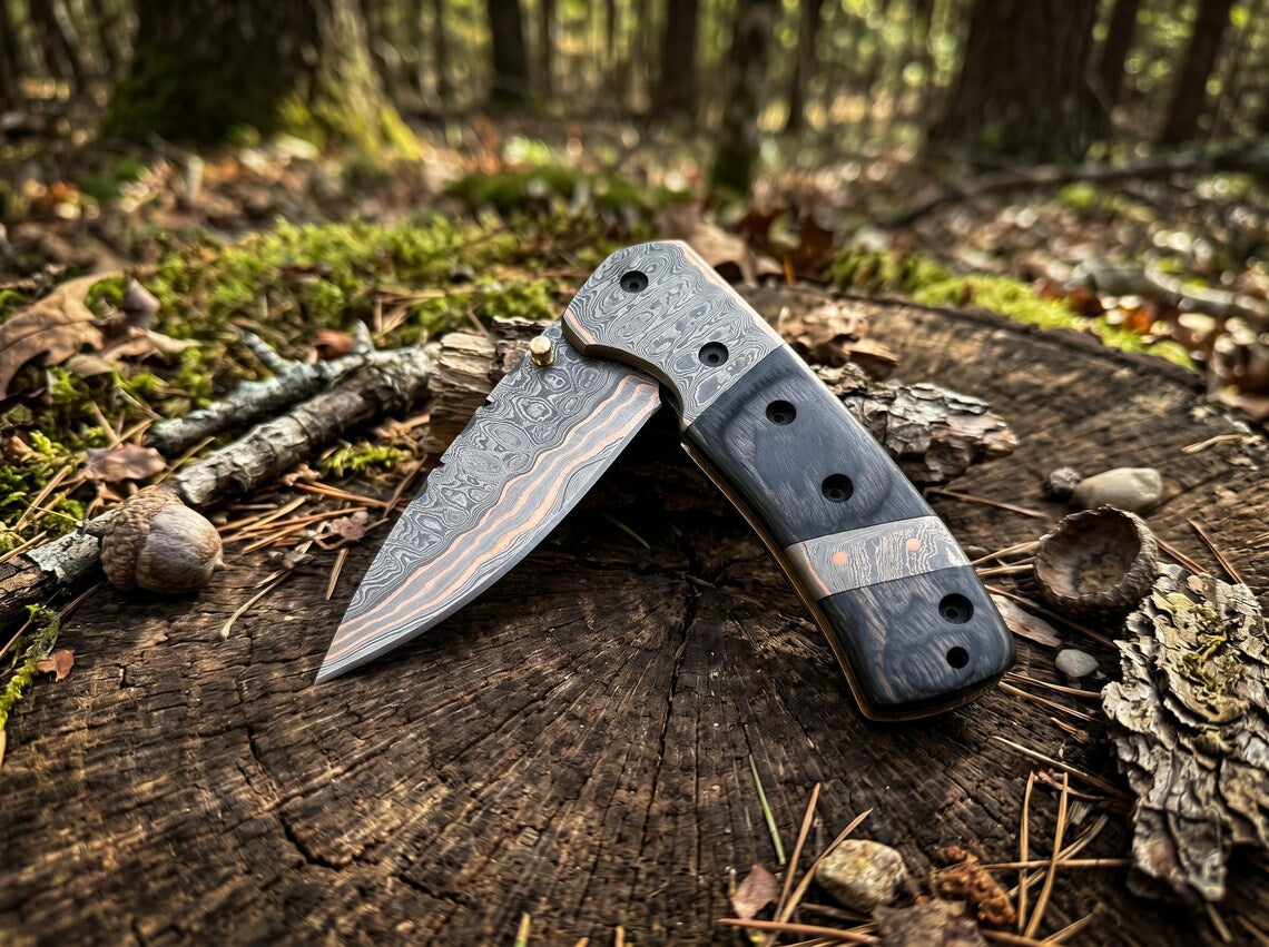 Custom Copper Damascus Pocket Knife – Handmade Folding EDC Knife with Leather Sheath for Collectors & Gift Giving Arham Cutlery