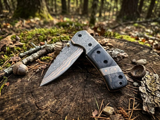 Custom Copper Damascus Pocket Knife – Handmade Folding EDC Knife with Leather Sheath for Collectors & Gift Giving Arham Cutlery