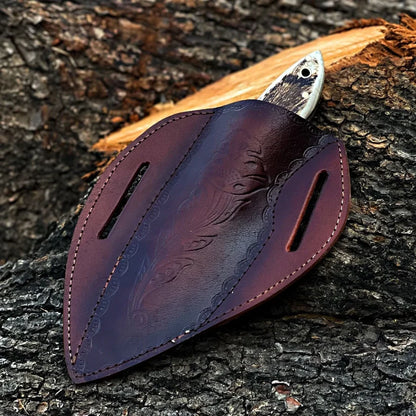 Custom Handmade Damascus Steel Skinner Hunting Knife with Crown Stag Handle – Fixed Blade Knife with Leather Sheath Arham Cutlery