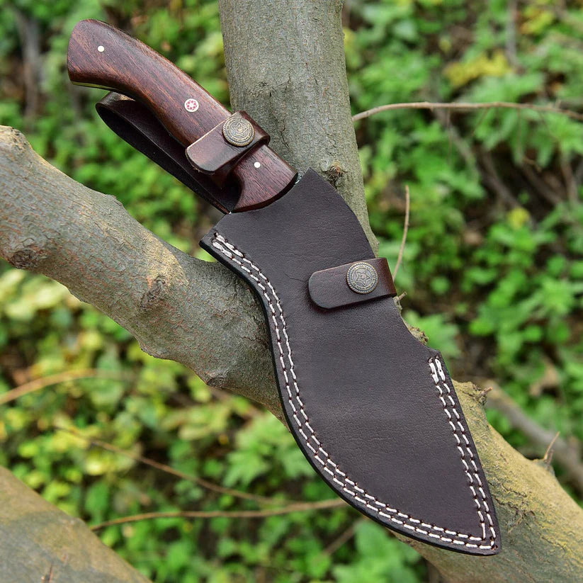Custom Handmade Damascus Steel Kukri EDC Knife with Rosewood Handle – Fixed Blade Hunting Knife with Leather Sheath Arham Cutlery