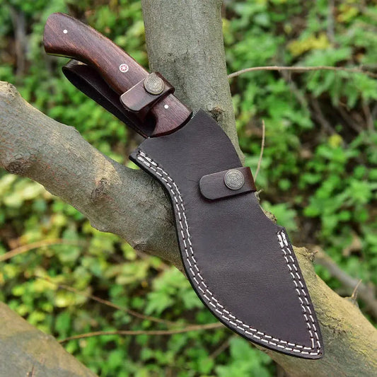 Custom Handmade Damascus Steel Kukri EDC Knife with Rosewood Handle – Fixed Blade Hunting Knife with Leather Sheath Arham Cutlery