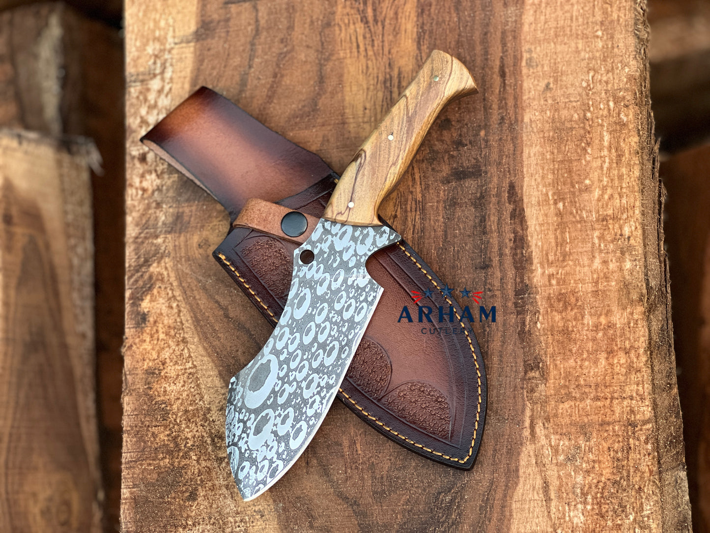 Handmade 11" D2 Steel Hunting Knife – Olive Wood Handle, Etched Blade & Leather Sheath | ARHAM CUTLERY