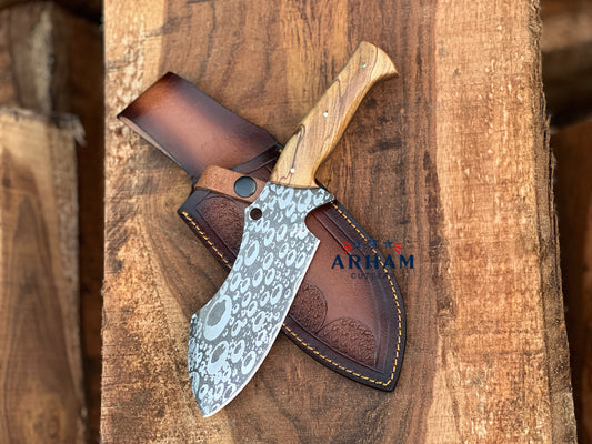 Handmade 11" D2 Steel Hunting Knife – Olive Wood Handle, Etched Blade & Leather Sheath | ARHAM CUTLERY