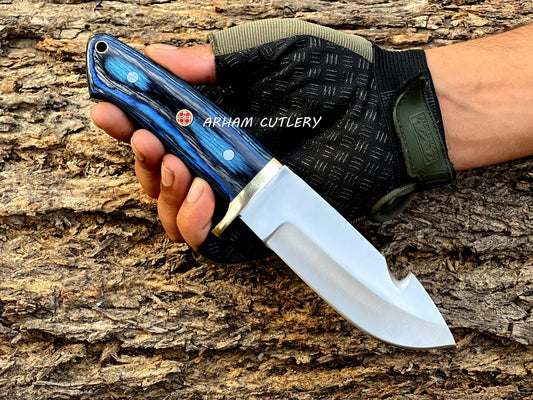 ARHAM CUTLERY D2 stainless steel gut hook hunting knife with blue pakkawood handle and handmade leather sheath