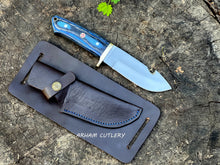 Cargar imagen en el visor de la galería, ARHAM CUTLERY D2 stainless steel gut hook hunting knife with blue pakkawood handle and handmade leather sheath
