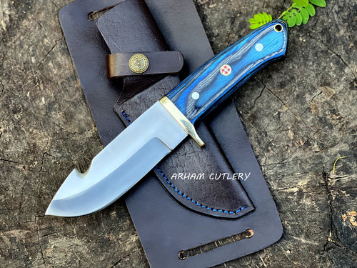 ARHAM CUTLERY D2 stainless steel gut hook hunting knife with blue pakkawood handle and handmade leather sheath