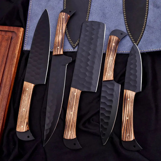 Handmade D2 Steel Hammered 5-Piece Chef Knife Set with Ash Wood Handles & Leather Carry Bag | Arham Cutlery - Arham Cutlery