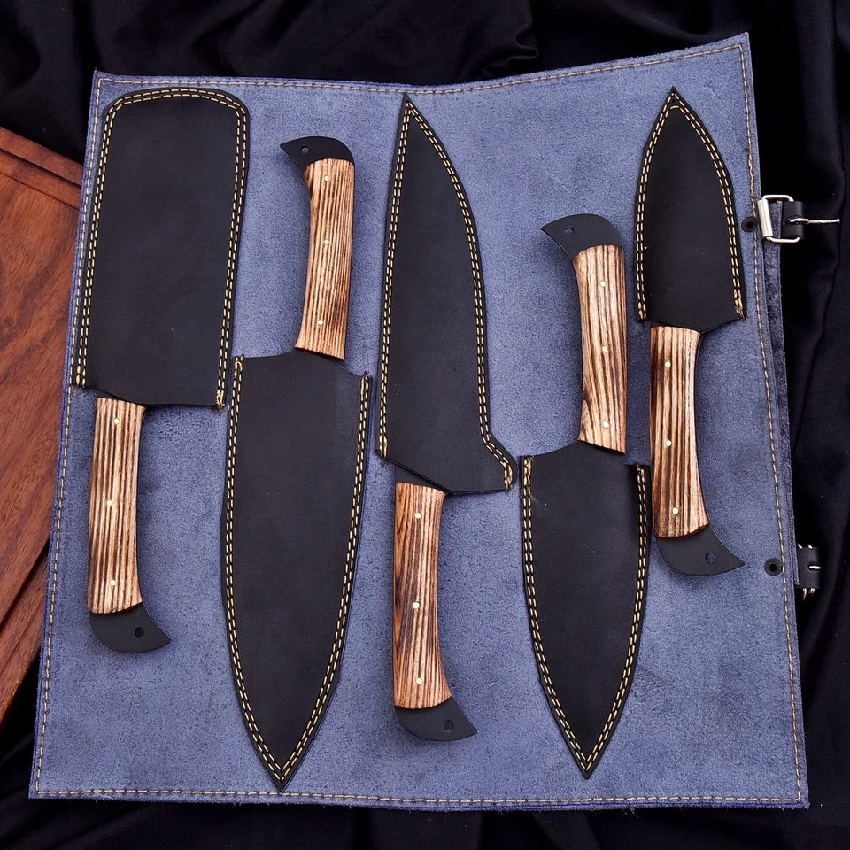 Handmade D2 Steel Hammered 5-Piece Chef Knife Set with Ash Wood Handles & Leather Carry Bag | Arham Cutlery