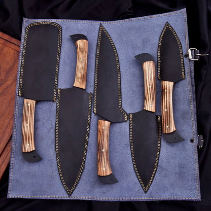 Handmade D2 Steel Hammered 5-Piece Chef Knife Set with Ash Wood Handles & Leather Carry Bag | Arham Cutlery