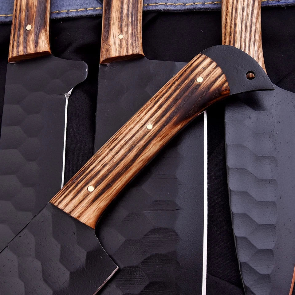 Handmade D2 Steel Hammered 5-Piece Chef Knife Set with Ash Wood Handles & Leather Carry Bag | Arham Cutlery