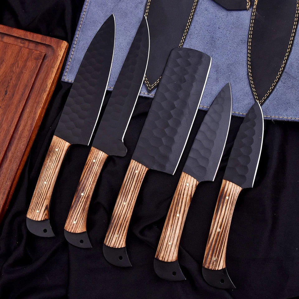 Handmade D2 Steel Hammered 5-Piece Chef Knife Set with Ash Wood Handles & Leather Carry Bag | Arham Cutlery