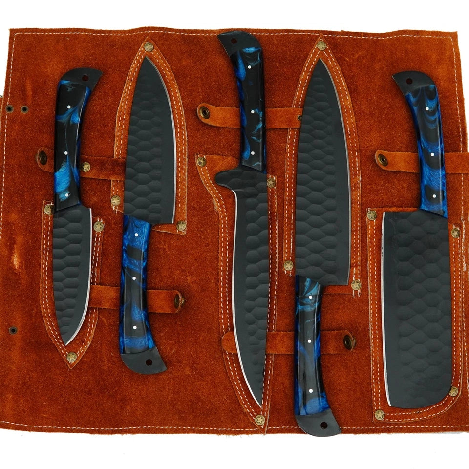 Handcrafted D2 Steel 5-Piece Chef Knife Set – Hammered Black Blades, Blue Resin Handles & Leather Carry Bag | Arham Cutlery