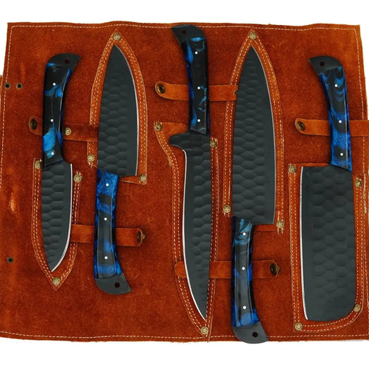 Handcrafted D2 Steel 5-Piece Chef Knife Set – Hammered Black Blades, Blue Resin Handles & Leather Carry Bag | Arham Cutlery - Arham Cutlery