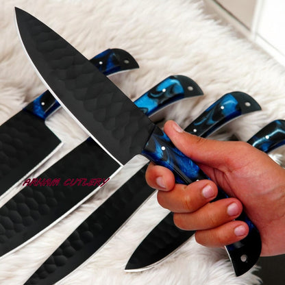 Handcrafted D2 Steel 5-Piece Chef Knife Set – Hammered Black Blades, Blue Resin Handles & Leather Carry Bag | Arham Cutlery
