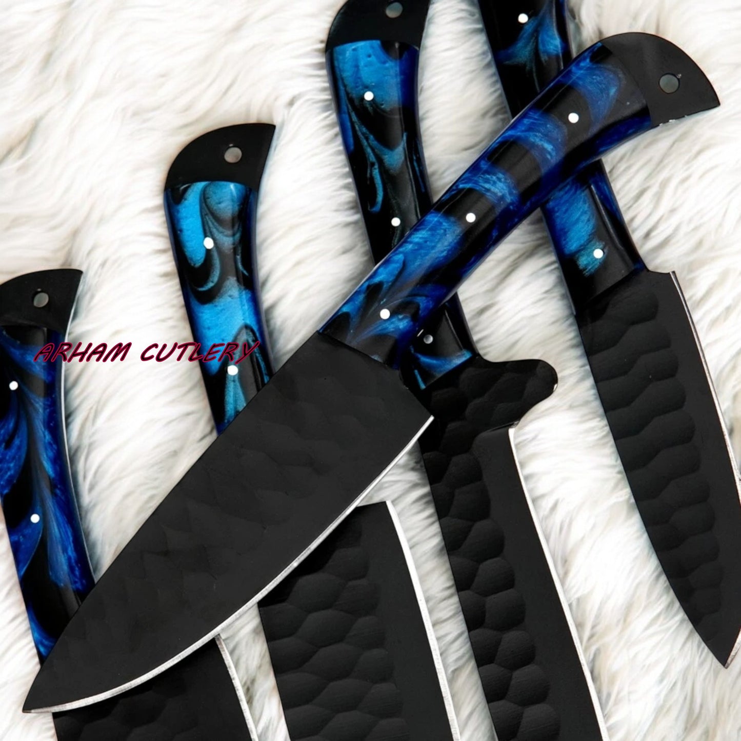 Handcrafted D2 Steel 5-Piece Chef Knife Set – Hammered Black Blades, Blue Resin Handles & Leather Carry Bag | Arham Cutlery