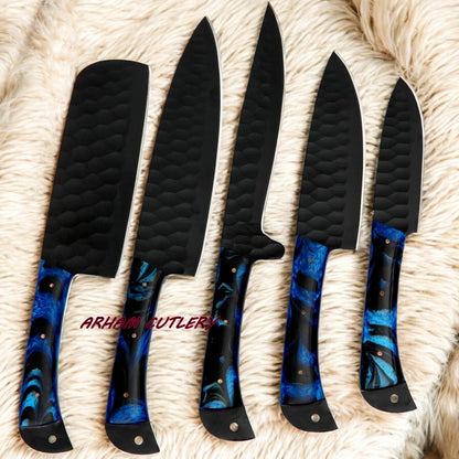 Handcrafted D2 Steel 5-Piece Chef Knife Set – Hammered Black Blades, Blue Resin Handles & Leather Carry Bag | Arham Cutlery