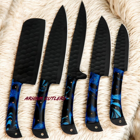 Handcrafted D2 Steel 5-Piece Chef Knife Set – Hammered Black Blades, Blue Resin Handles & Leather Carry Bag | Arham Cutlery